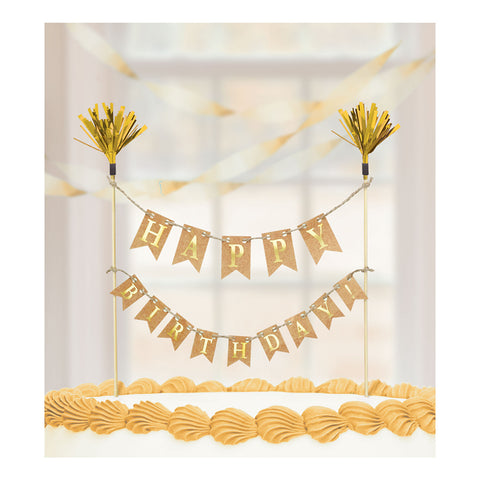Cake Topper - Birthday - Bunting - Gold
