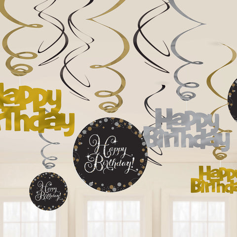 Swirl Decorations - Birthday - Black/Gold/Silver